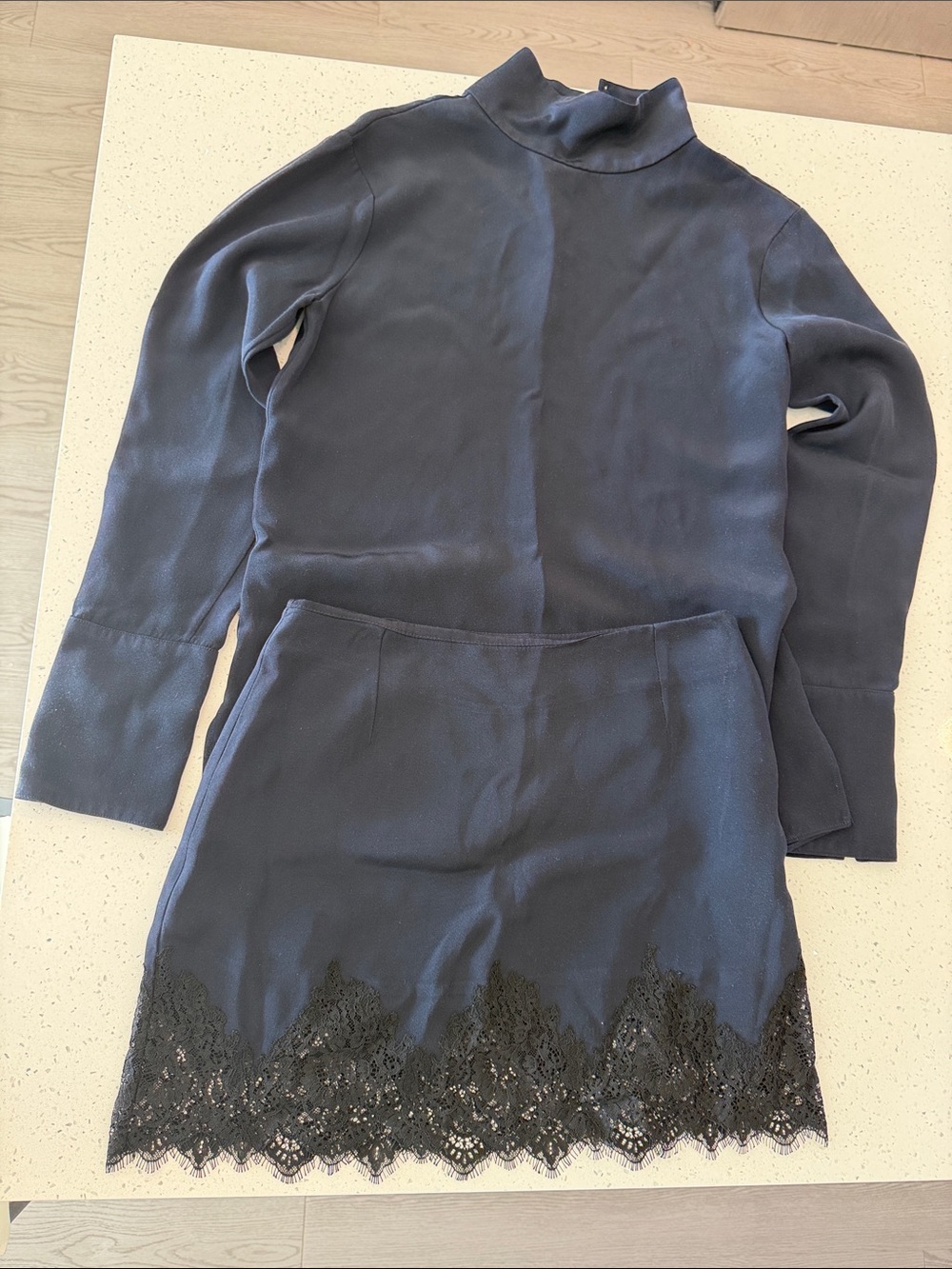 Renggli navy silk skirt and turtleneck set
